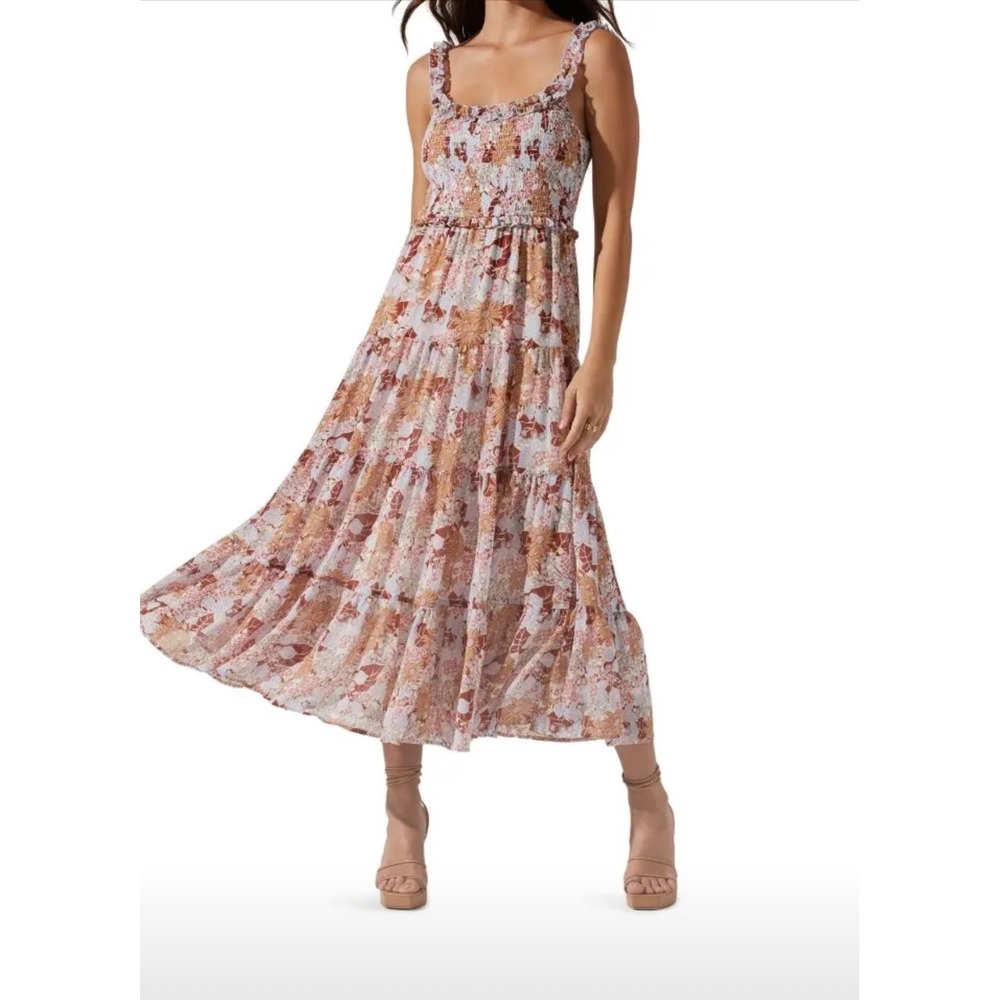 ASTR Floral Smocked Maxi Dress Rust Blue Tiered Peasant Cottage Feminine Ruffle